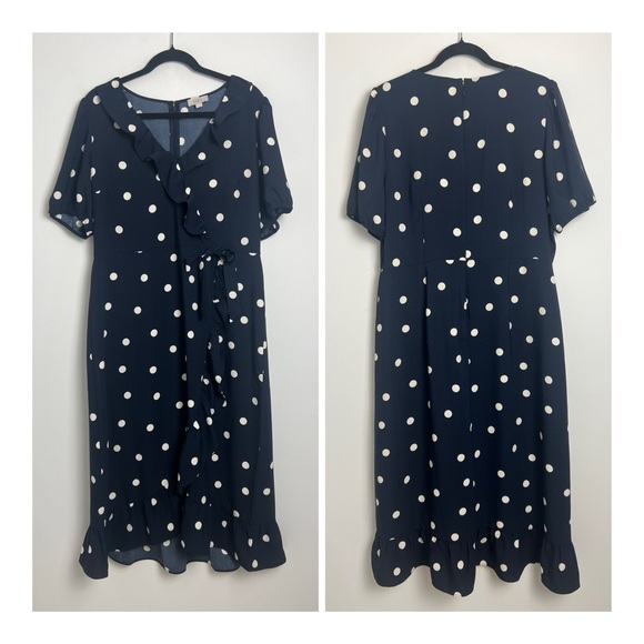 LOFT Blue White Polka Dot Ruffle Detail Faux Wrap Puff Sleeve Midi Dress Size 12 - Picture 1 of 12